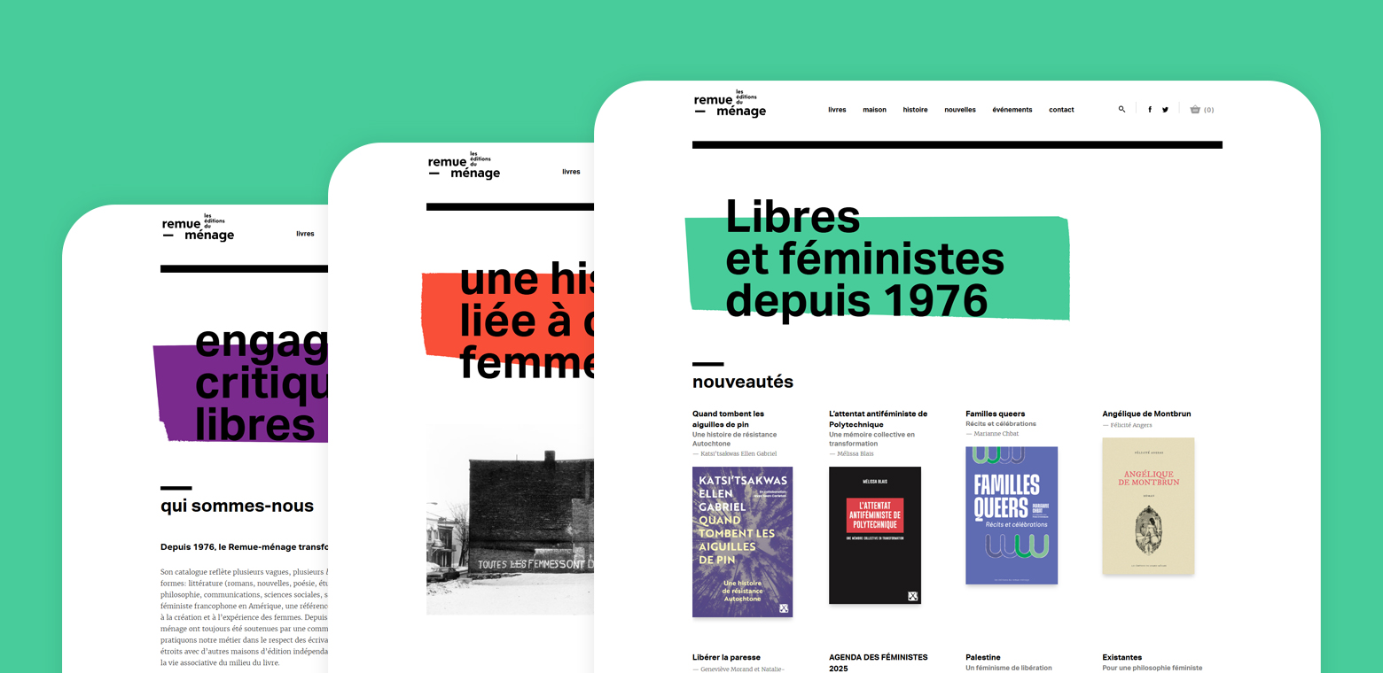 Three screenshots of colourful headers from the Editions du remue menage website