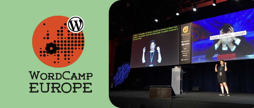 Sasha giving their presentation along with WordCamp Europe logo