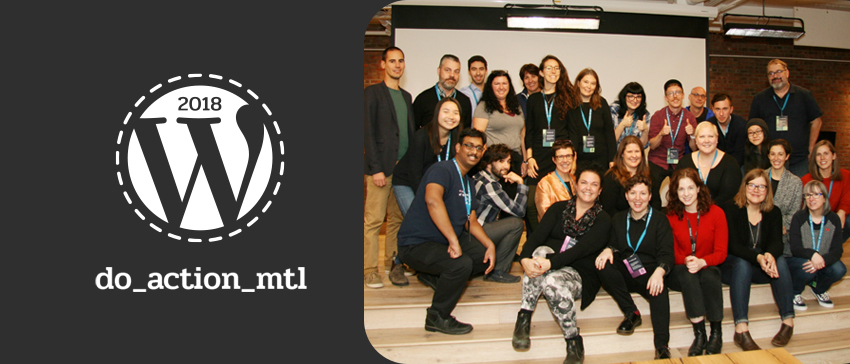 Photo of hackathon participants and do_action_mtl logo