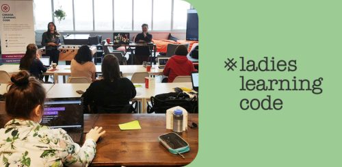 Photo of adult students at long desks with computers and Ladies Learning Code logo