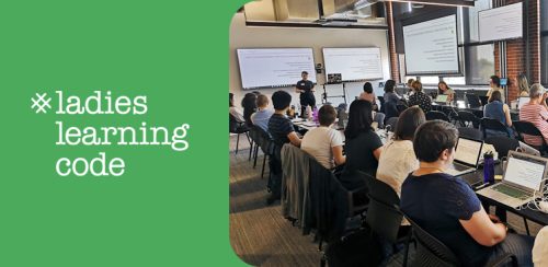 Photo of adult students at long desks with computers and Ladies Learning Code logo