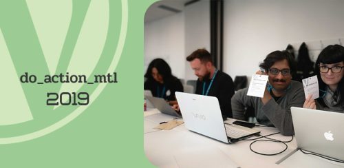 Photo of hackathon participants and do_action_mtl logo