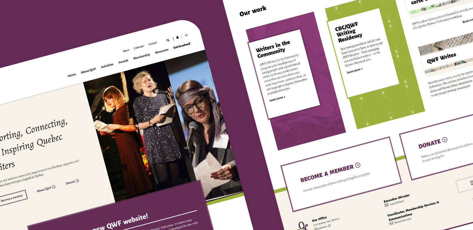 Sections of the homepage of Quebec Writers' Federation website
