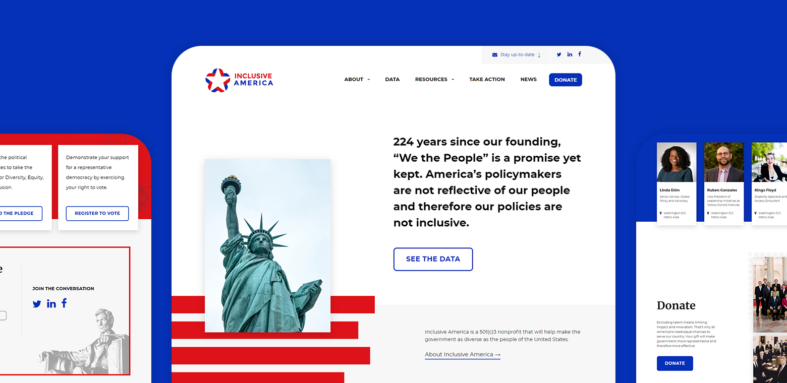 Three screenshots of the Inclusive America homepage