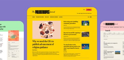 Three screenshots of The Philanthropist Journal's redesigned website pages