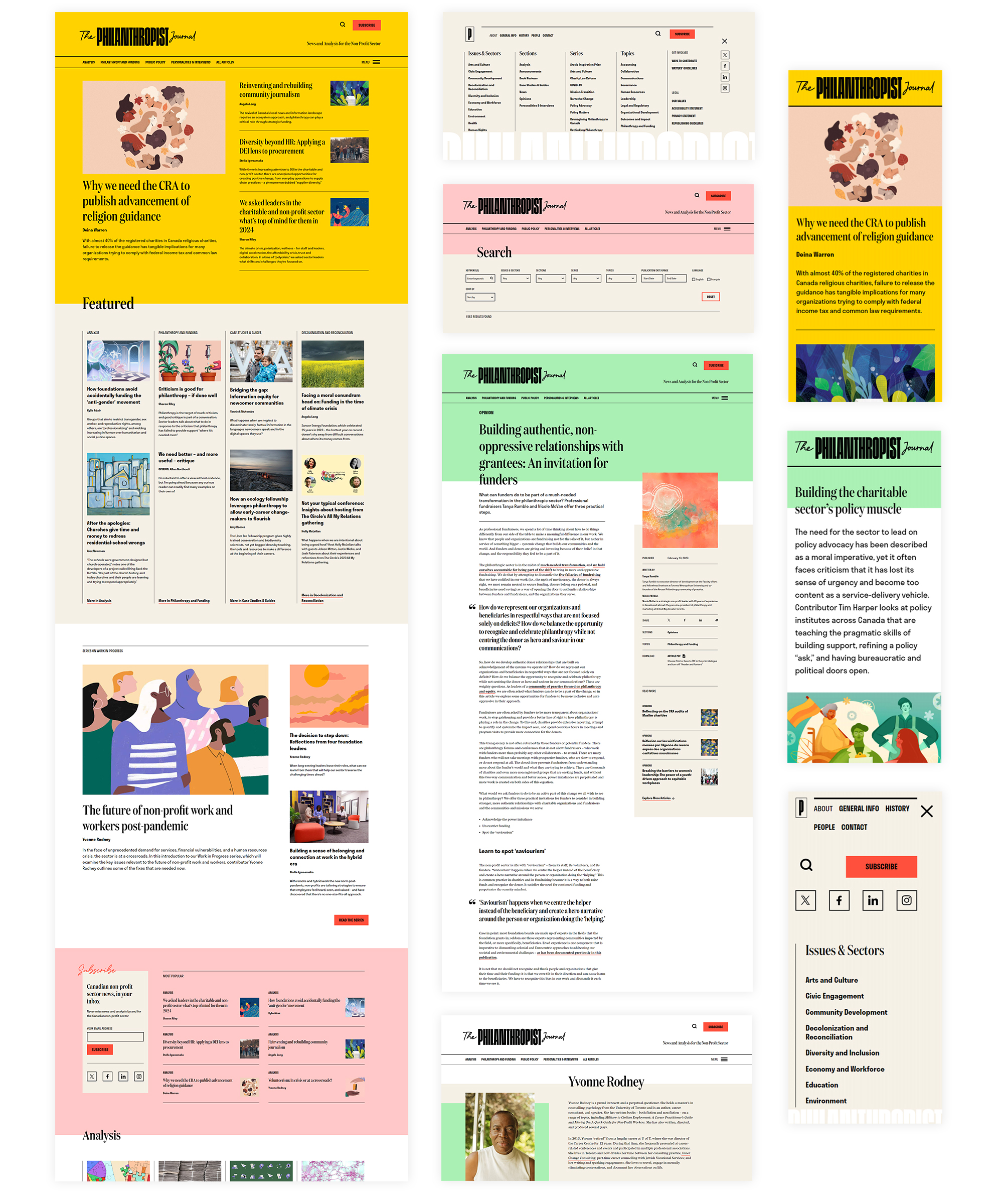 Collage of screenshots from the journal's website including the homepage, search page, single article, and mobile views