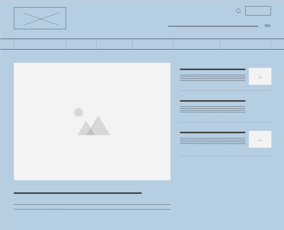 Black lines and white boxes on light blue background that show a website's header, featured post with a large image, and a few smaller featured posts to the side