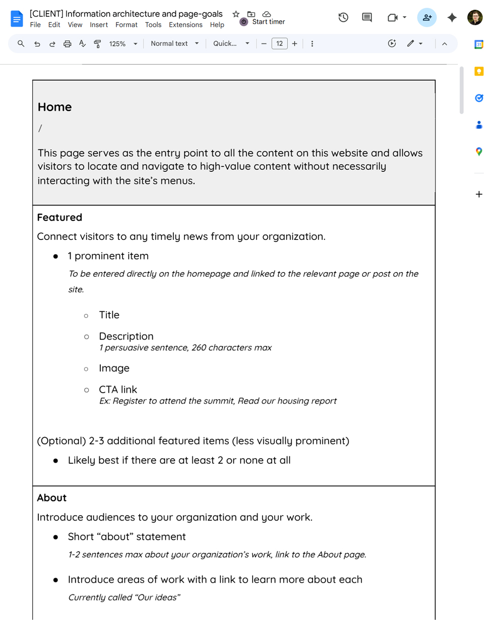Screenshot of a Google Document with a table that outlines two sections of a homepage with bulleted list of what information is presented in each