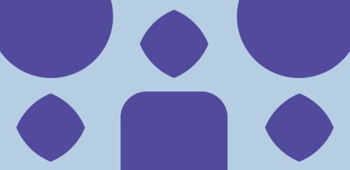 Purple and blue geometric pattern of circles, rhombuses, and rounded squares
