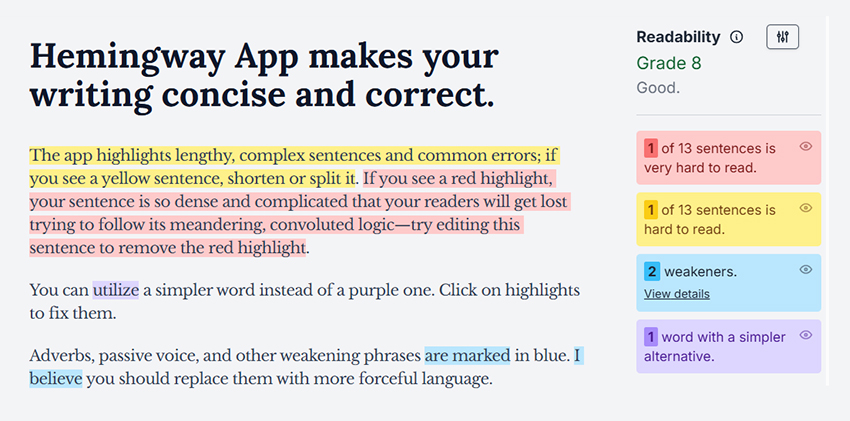 Welcome screen from Hemingway App