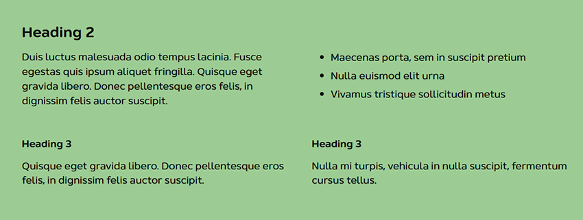 Two columns of text with short paragraphs broken down by headings and sub-heading as well as an unordered list
