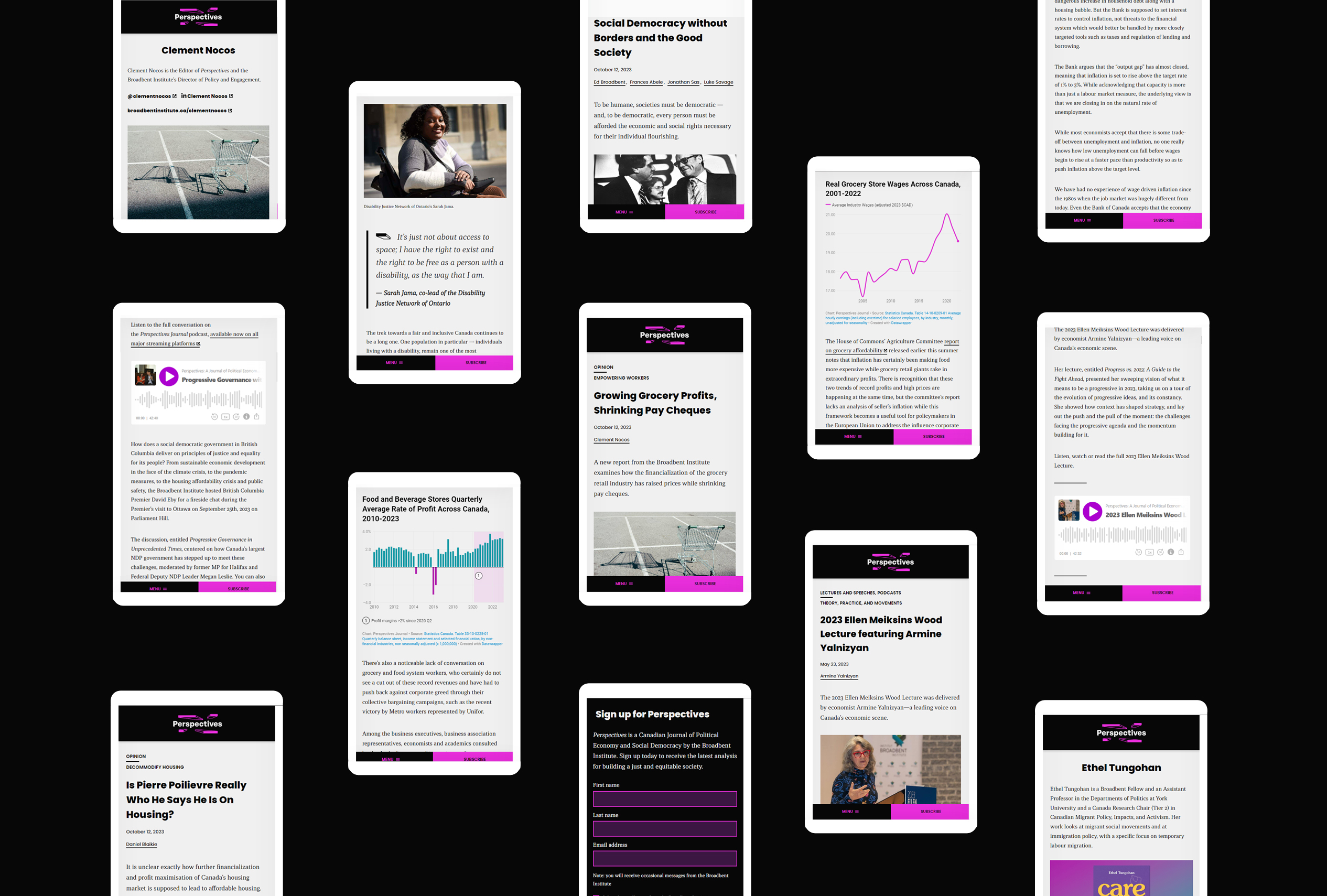Composite image of multiple articles on the Perspective journal's website, all on mobile devices