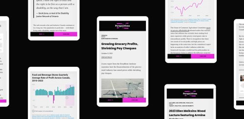 Composite image grid of multiple articles on the Perspective journal's website, all on mobile devices
