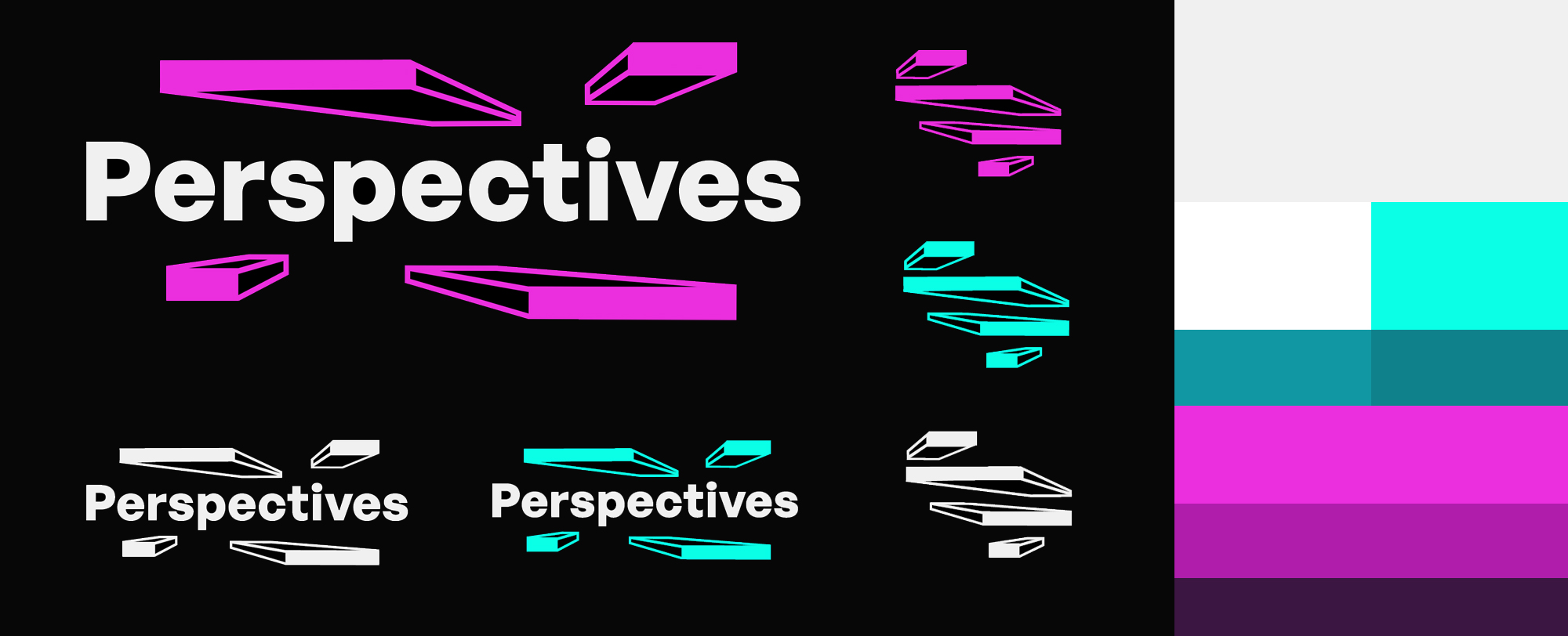 Collage of logo variations and colours used in the Perspectives visual brand