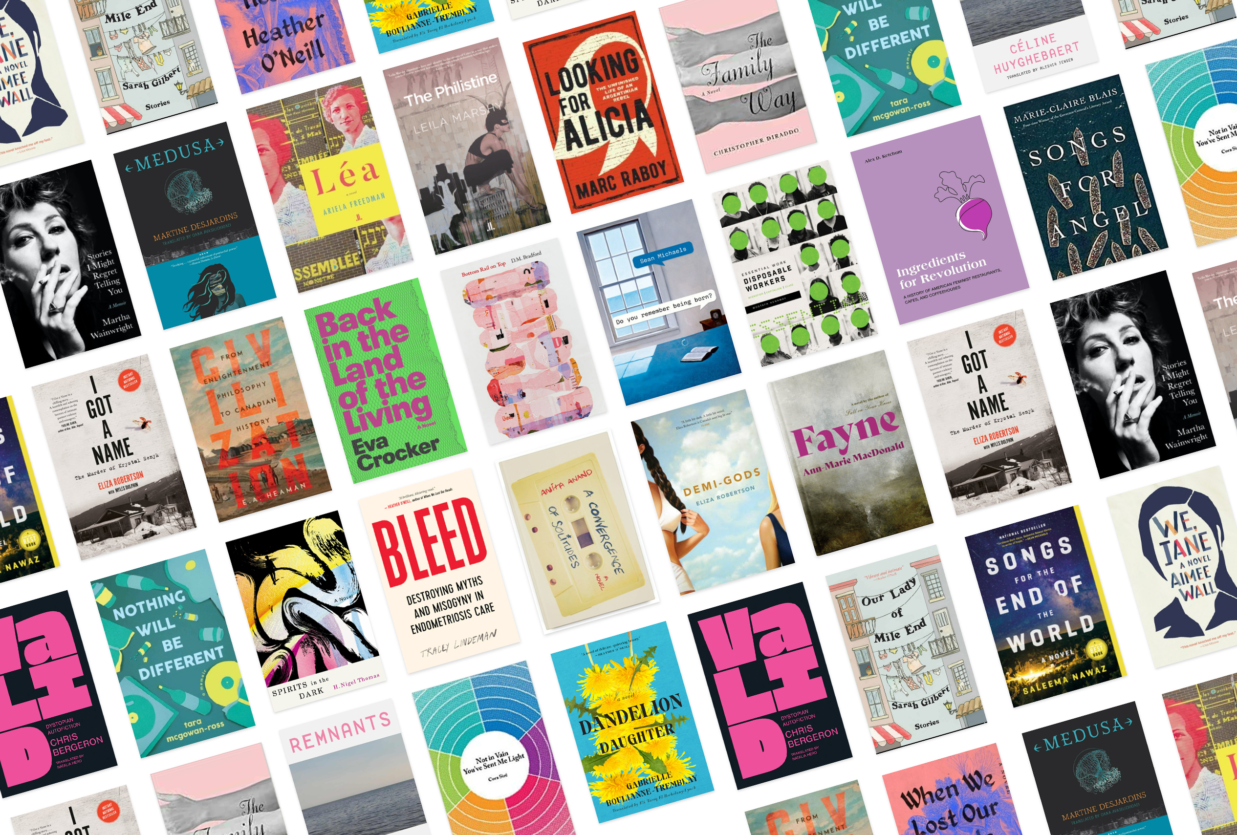 Composite image of many colourful book covers arranged in rows and columns