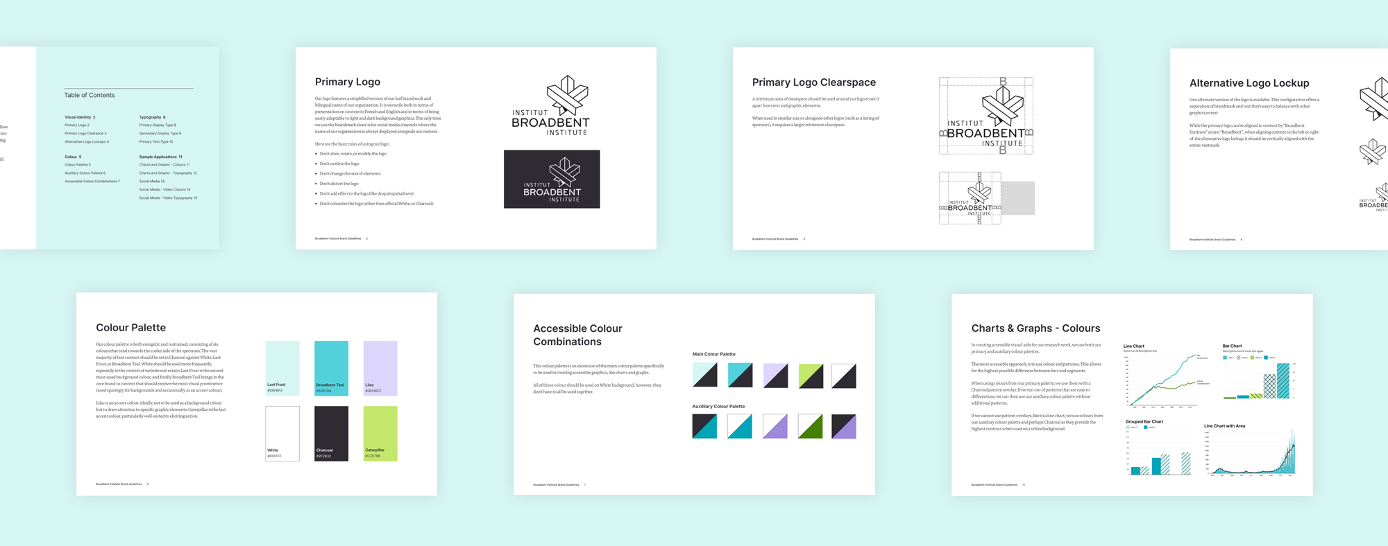 Collage of selected pages from Broadbent Institute's visual brand guidelines, including accessible colour combinations and charts