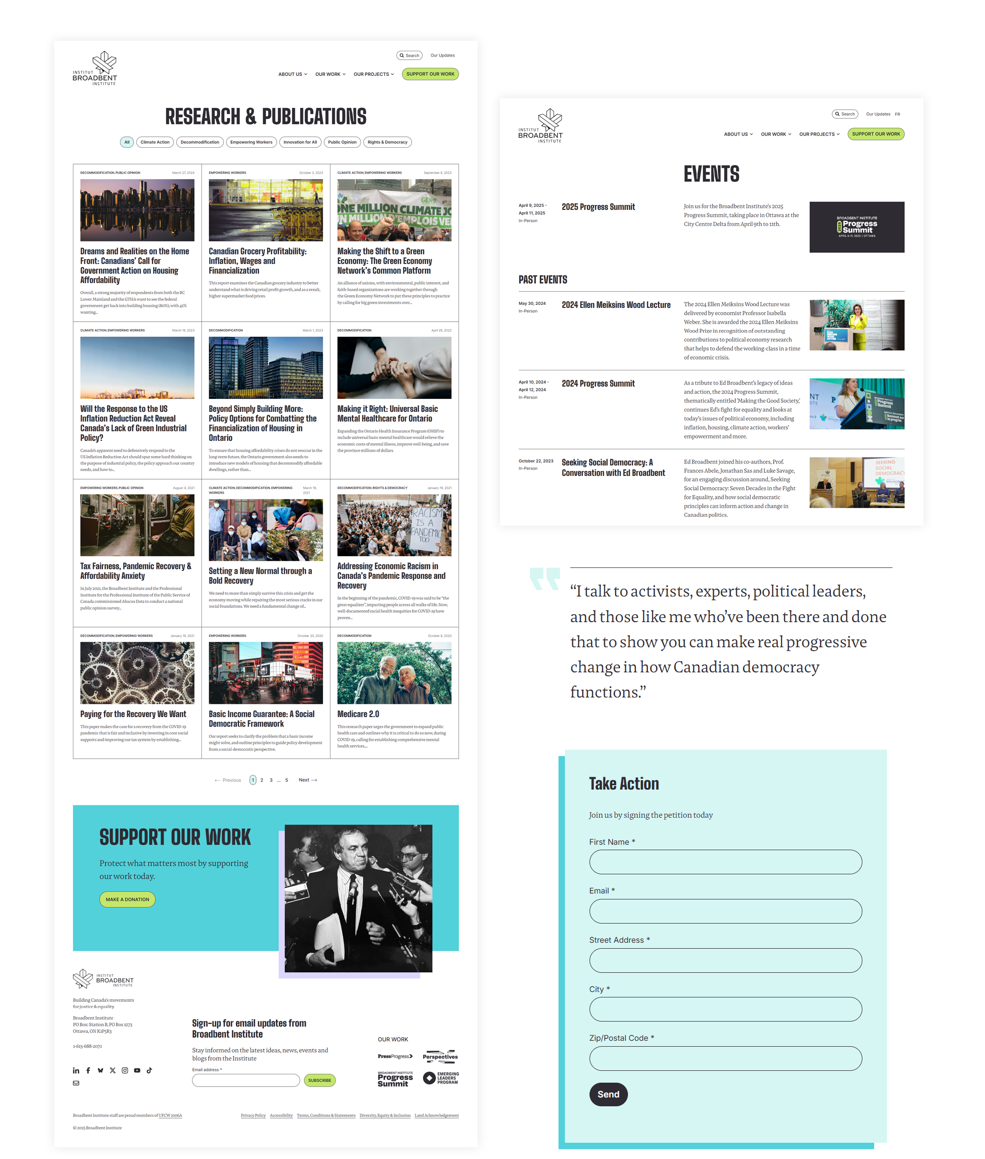 Collage of pages and elements from the Broadbent Institute website including content grids, quote, and embedded Action Network form