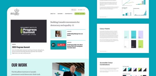 Screenshots of Broadbent Institute's WordPress website and brand guidelines document