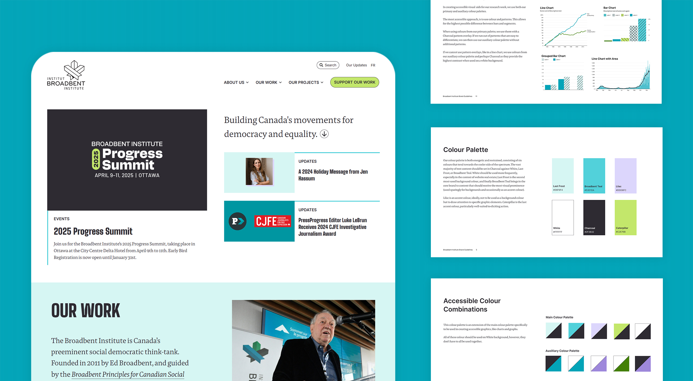 Screenshots of Broadbent Institute's WordPress website and brand guidelines document