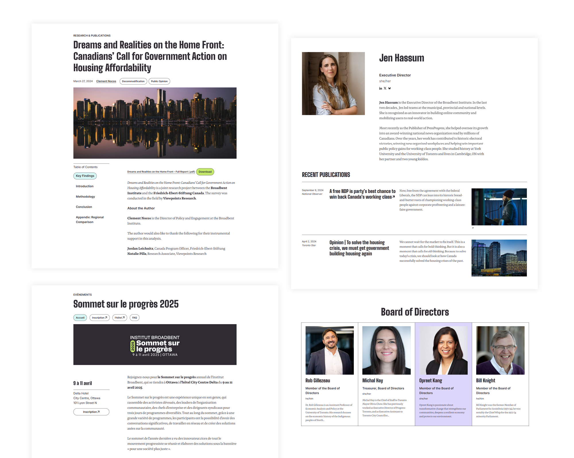 Collage of pages and elements from the Broadbent Institute website including article, event, and staff profiles