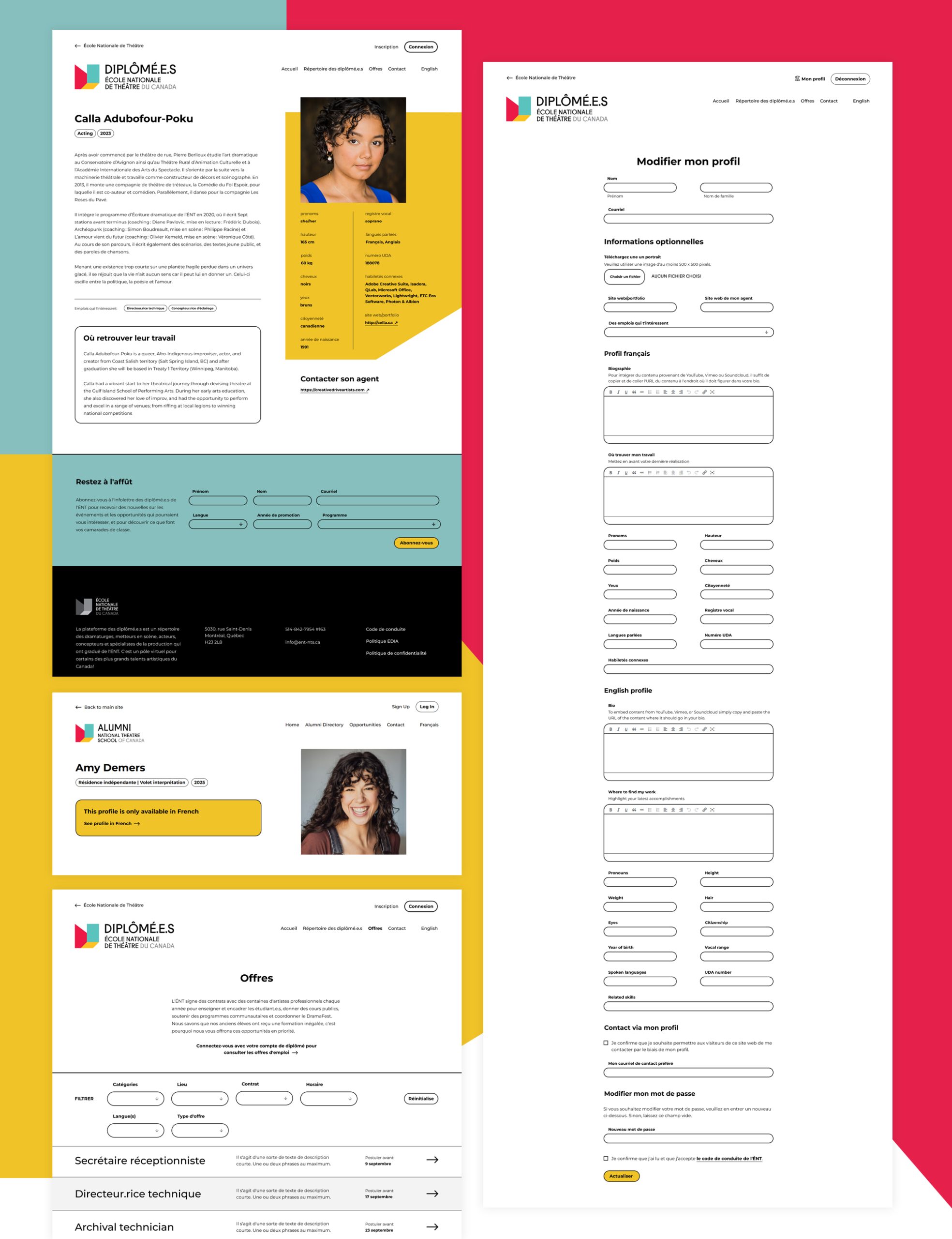 Collage of the full features within the alumni profiles including profile update form and the available jobs listing screen