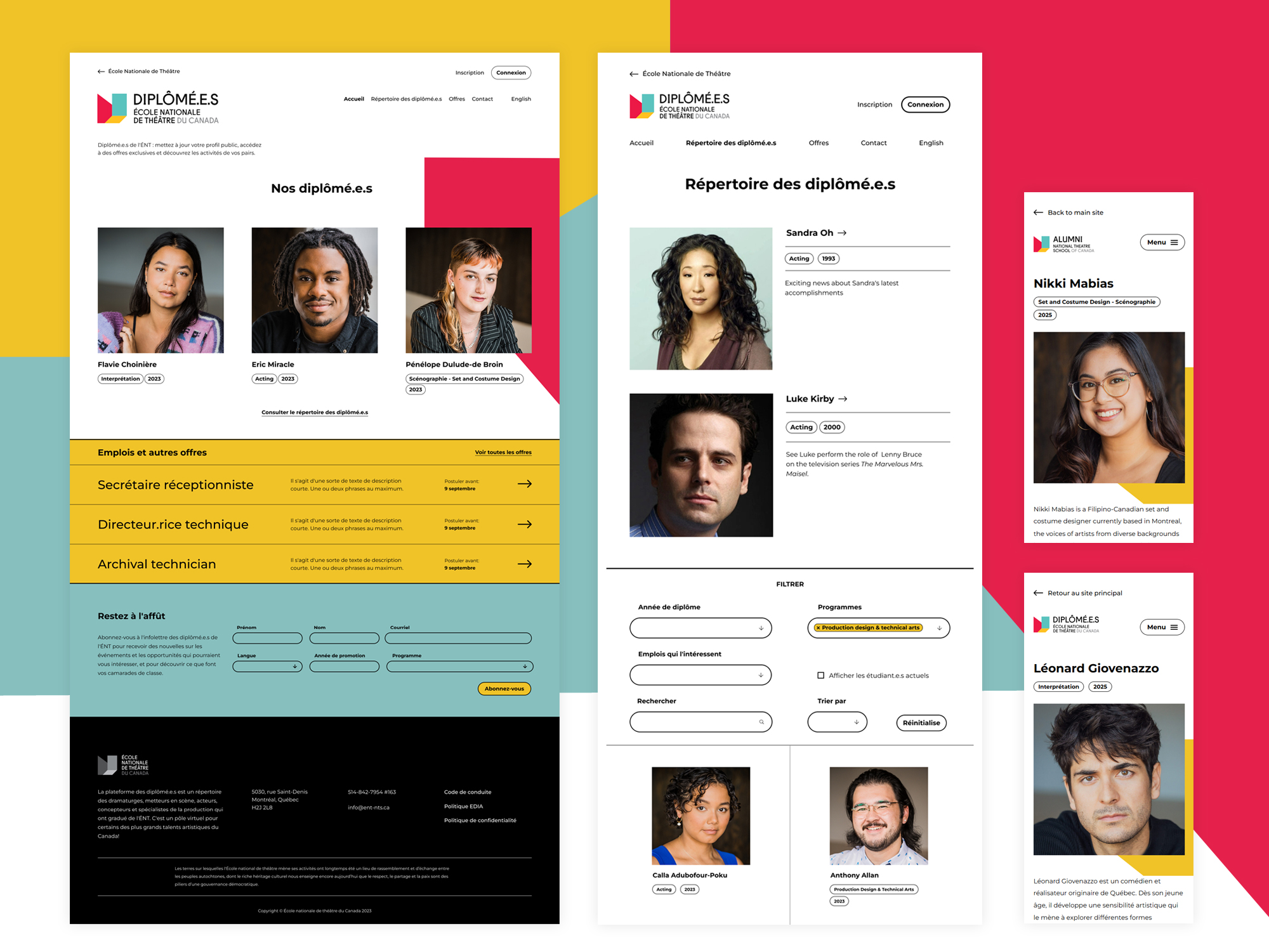 Collage of alumni websites's homepage, directory, and single profiles