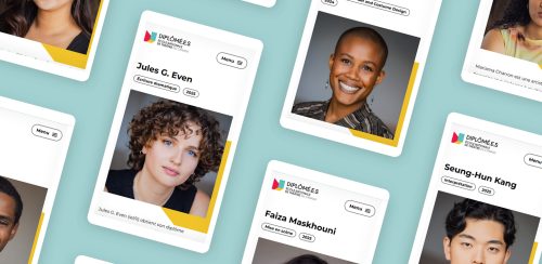 Composite image of multiple profiles on the National Theatre School of Canada's alumni website, all on mobile devices