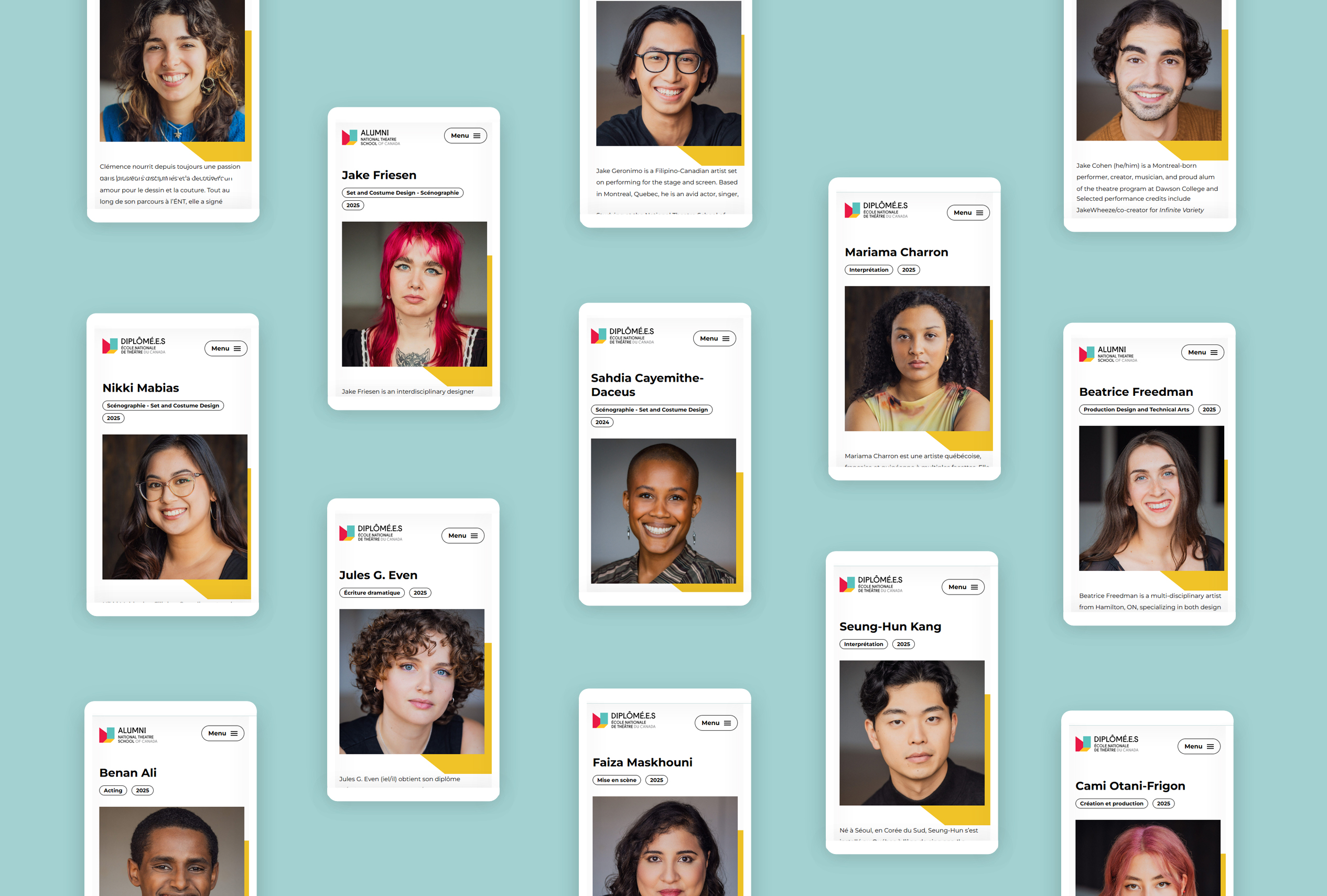 Composite image of multiple profiles on the National Theatre School of Canada's alumni website, all on mobile devices
